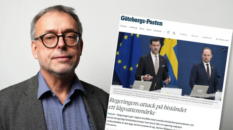 Magnus tittar in i kameran iklädd en grå kavaj och blå skjorta. Till höger en skärmdump på debattartikel i Göteborgs-posten.