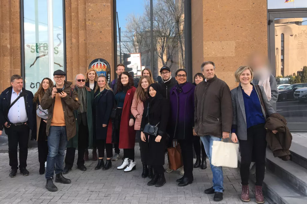 Picture of the network members who joined the field trip to Armenia 2019, here outside the Swedish embassy in Yerevan.