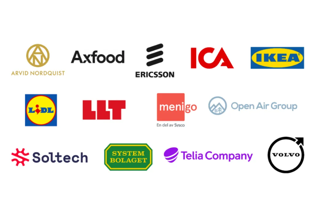 Företagsloggor från Arvid Nordqvist, Axfood, Ericsson, Ica, IKEA, Lids, LLT, Menigo, Open Air Group, Soltech, Systembolaget, Telia Company och Volvo