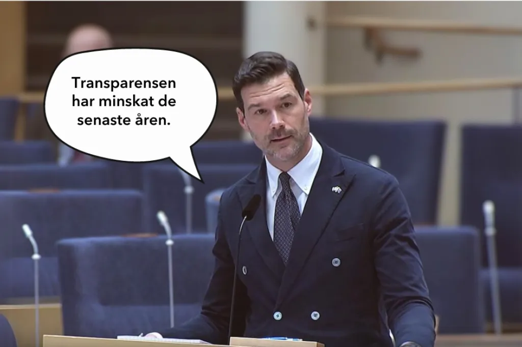 Johan talar i riksdagen iklädd en mörkblå kostym och mörk slips. I en pratbubbla står det transparensen har minskat de senaste åren.