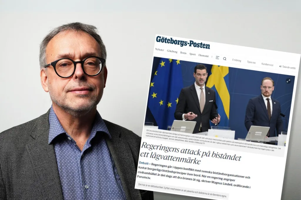 Magnus tittar in i kameran iklädd en grå kavaj och blå skjorta. Till höger en skärmdump på debattartikel i Göteborgs-posten.