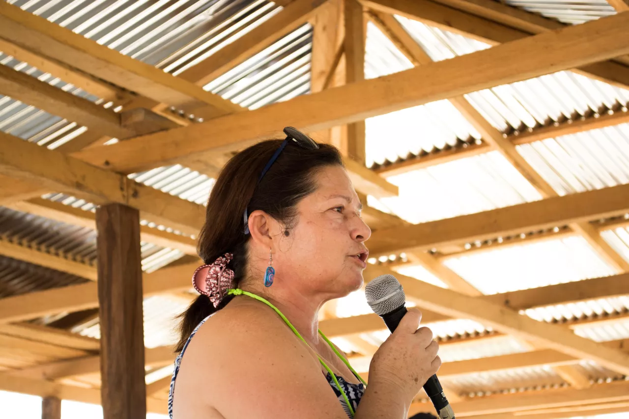 Carmenza Gómez, holding a speech under wooden roof.