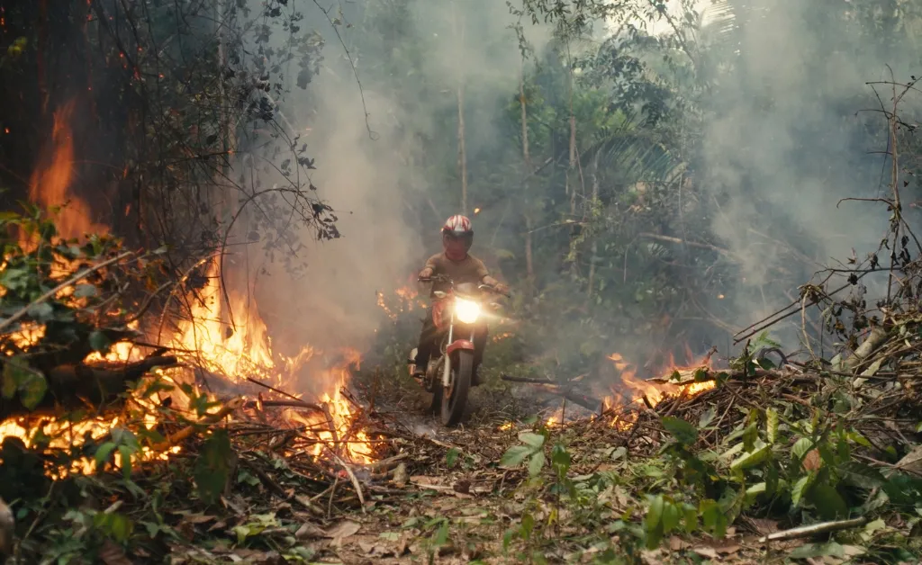 The Territory Screenshot of the documentary The territory. A man drives a motorcycle through a burning amazon rainforest.