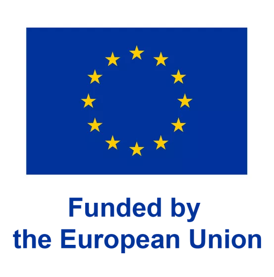 The EU logotyp with a blue text under the logo saying "Funded by the European Union.