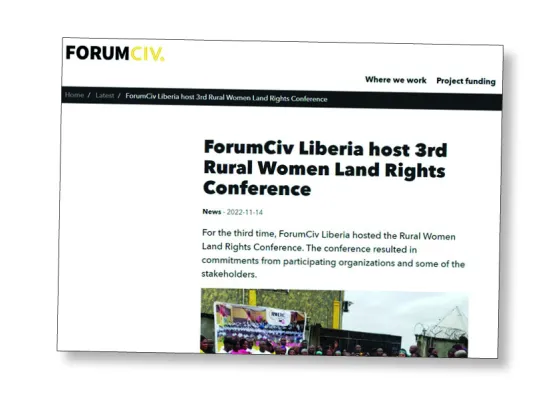 A print screen of ForumCiv's website where the headline is "ForumCiv Liberia host 3rd Rural Women Land Rights Conference".