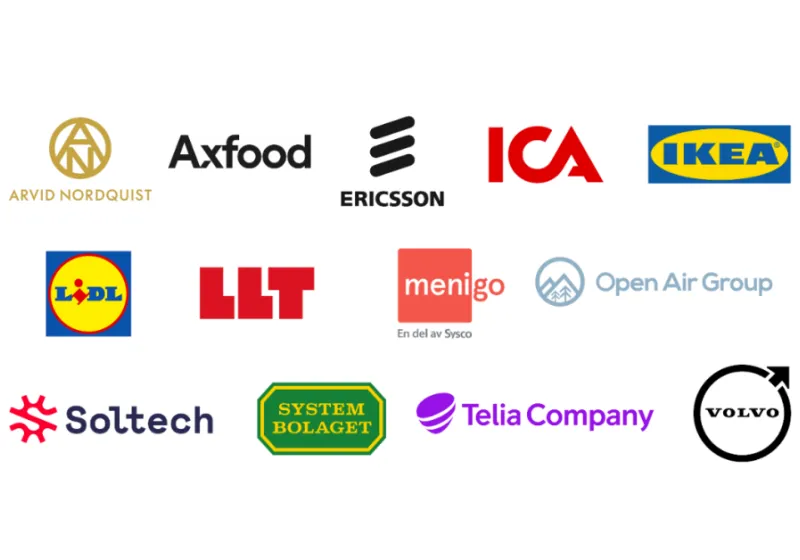 Företagsloggor från Arvid Nordqvist, Axfood, Ericsson, Ica, IKEA, Lids, LLT, Menigo, Open Air Group, Soltech, Systembolaget, Telia Company och Volvo
