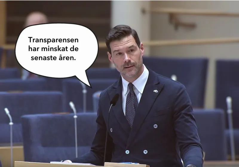 Johan talar i riksdagen iklädd en mörkblå kostym och mörk slips. I en pratbubbla står det transparensen har minskat de senaste åren.