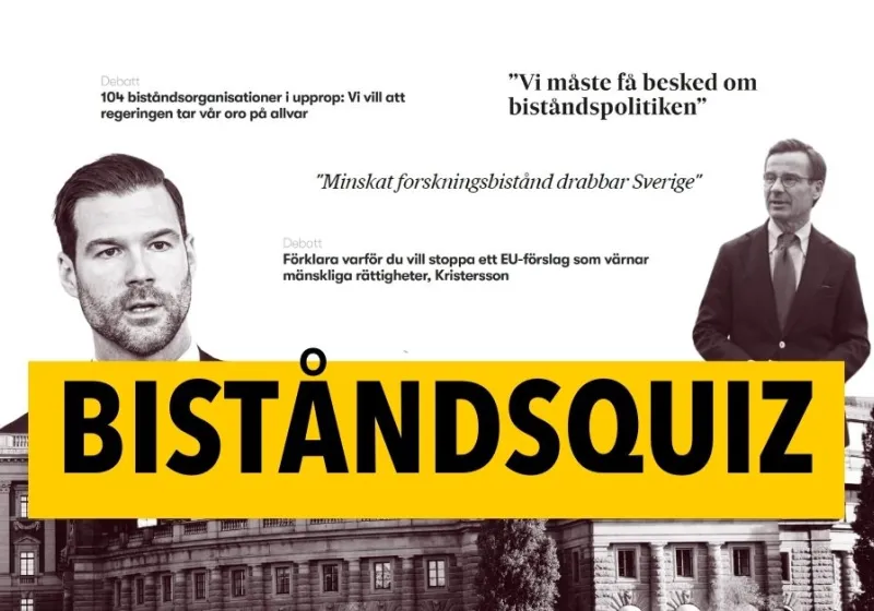 Rosendal, Johan Forssell och Ulf Kristerson i bakgrunden. Text på gul färgplatta biståndsquiz.