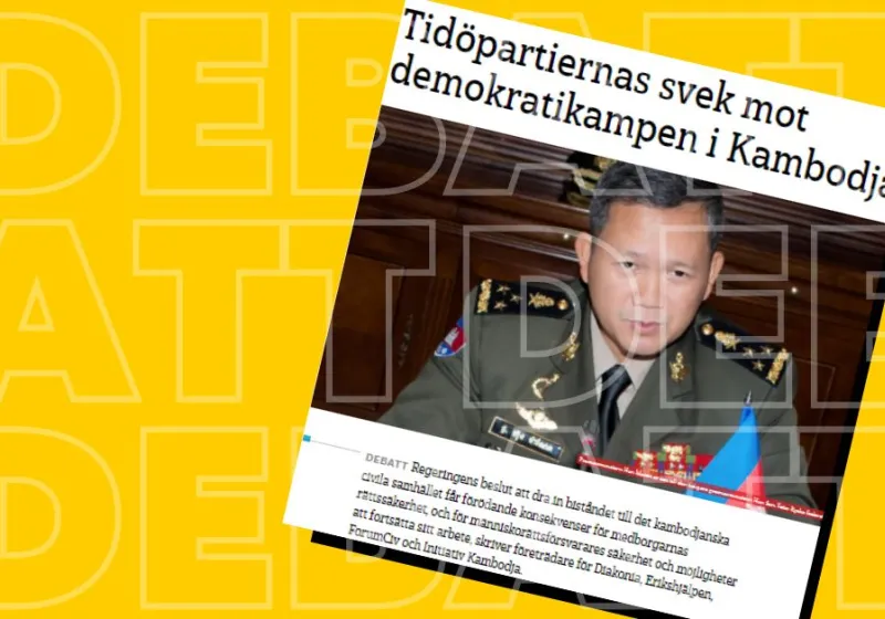 Skärmdump på debattartikel i Dagens Arena. Bild på Kambodjas Premiärminister Hun Manet i militäruniform. 