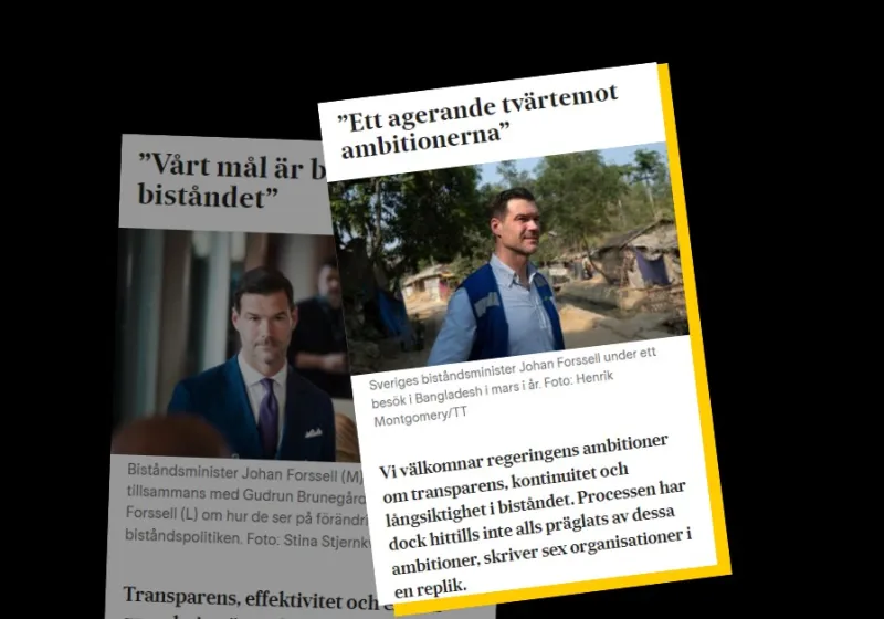 Skärmdump på två debattartiklar i Svenska Dagbladet. Johan Forssell syns på bild.