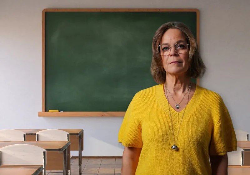 Anna iklädd en gul tröja står i ett tomt klassrum.