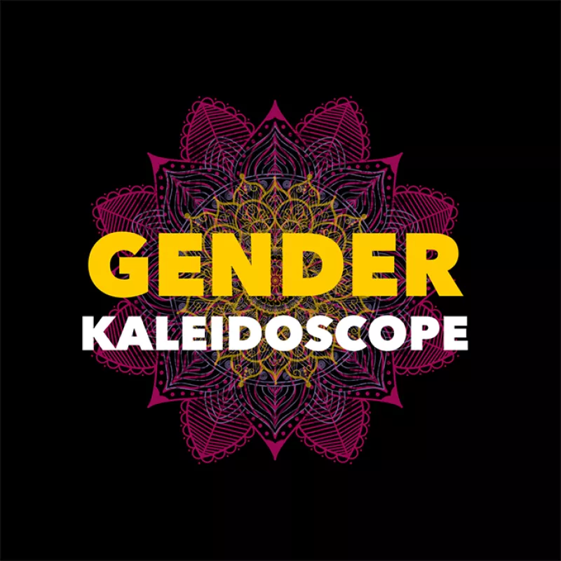 Loggan för Gender Kaleidoscope som är namnet plus en blomma i lila och gult med en svart bakgrund. 