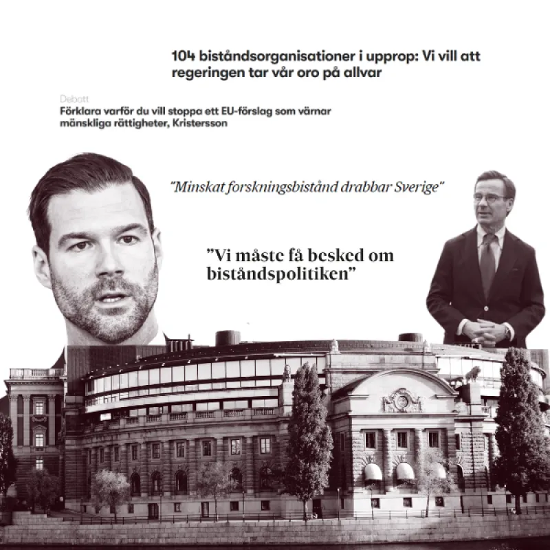 Johan Forssell och Ulf Kristersson bakom en bild av riksdagen.