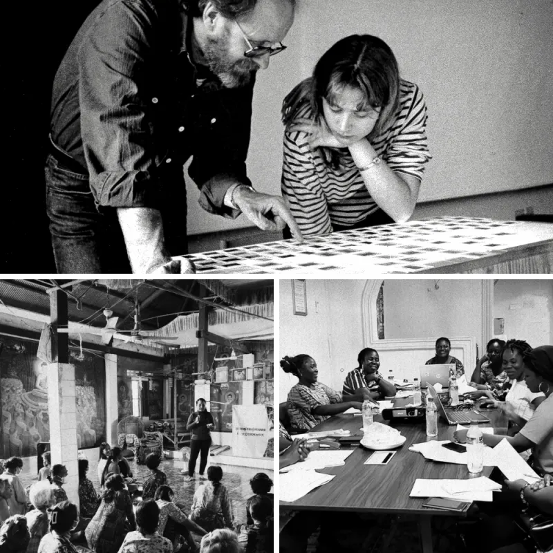 Svartvita foton på människor som arbetar. Två personer tittar på diabilder, en kvinna håller i en workshop i Kambodja och en grupp kvinnor sitter vid ett bord med sina datorer i Libiera.